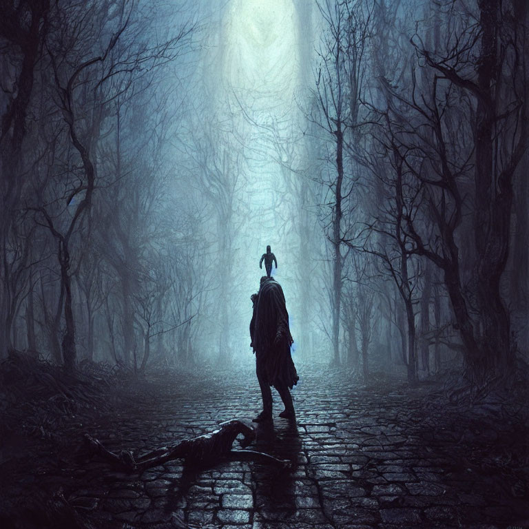 Solitary figure walking on cobblestone path in misty forest