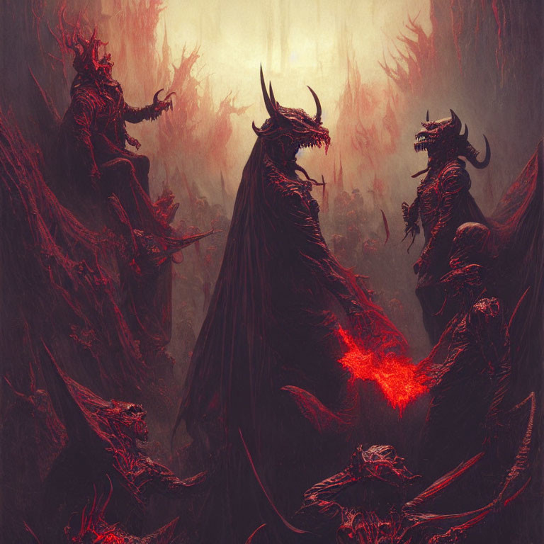 Dark fantasy art: Horned figures with glowing eyes in red-hued setting