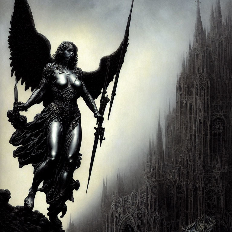 Monochrome winged warrior with spear at gothic cathedral