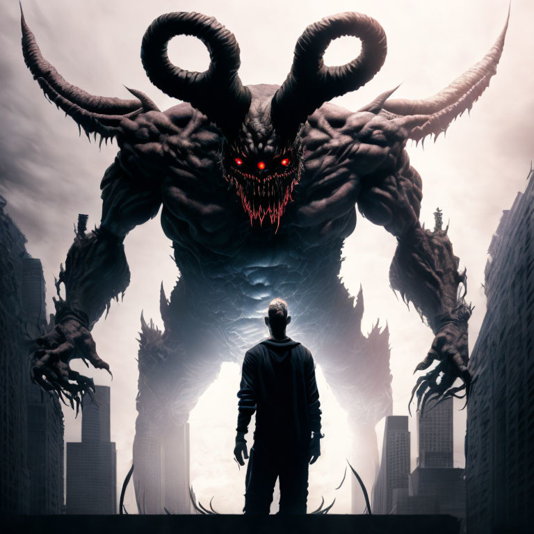 Person facing colossal horned creature in cityscape with dramatic lighting