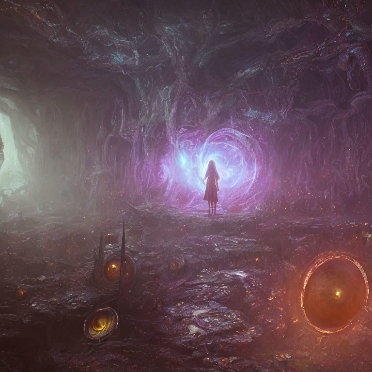 Person standing before glowing portal in dark cave with orbs and ethereal light