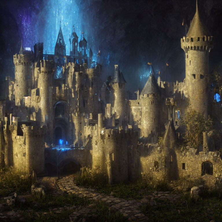 Medieval castle at night with illuminated towers in starry sky