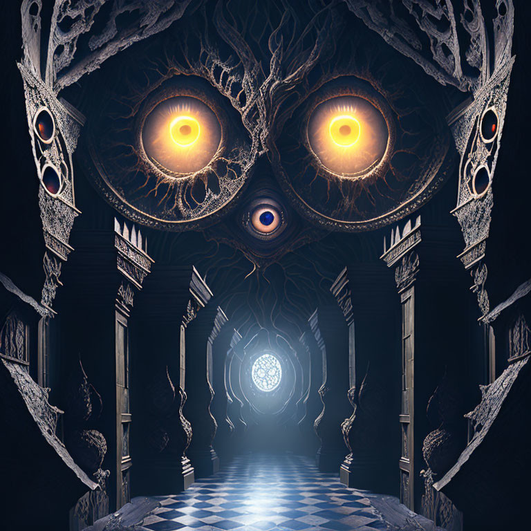 Surreal corridor with ornate walls and glowing eyes in fantastical setting