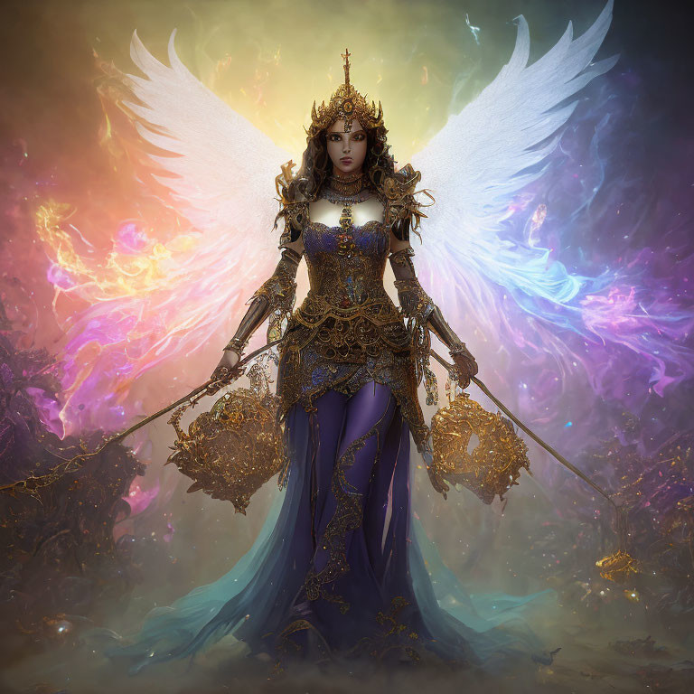 Multicolored winged angel in golden armor with scepter on mystical background