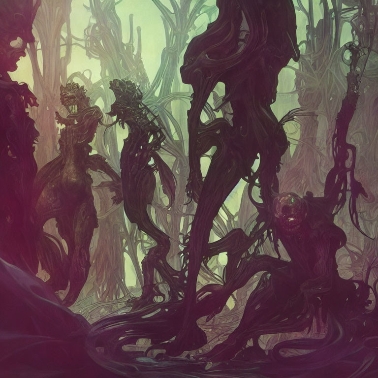 Mystical forest scene with twisted trees and creeping vines in green and purple hues