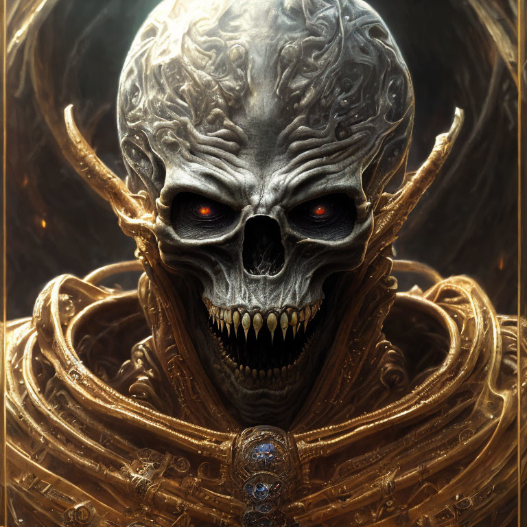 Fantasy-themed illustration of skull-faced figure in golden armor