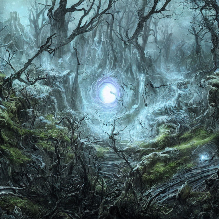 Mysterious foggy forest with twisted trees and glowing portal