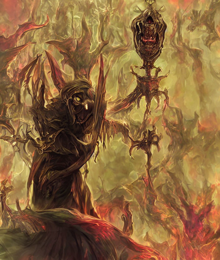 Fantasy-themed artwork: Cloaked figure with skeletal features in hellish backdrop