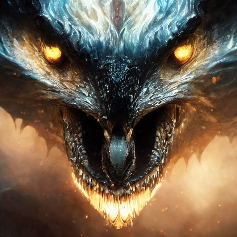 Dragon face with glowing eyes and sharp teeth in flames