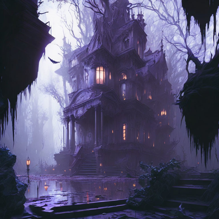 Spooky multi-story haunted house in swampy twilight fog