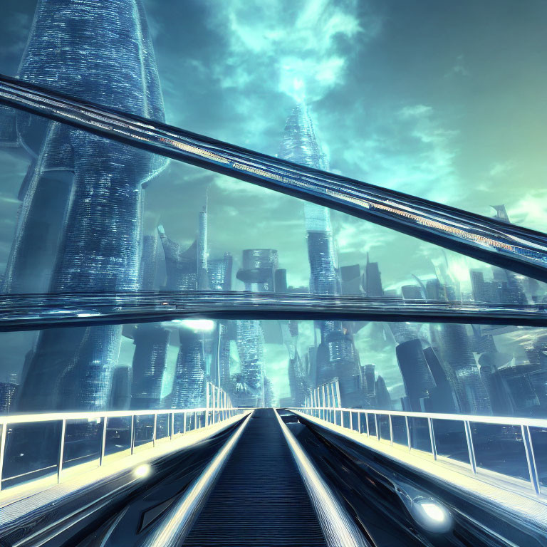 Futuristic cityscape with towering skyscrapers and elevated rail system