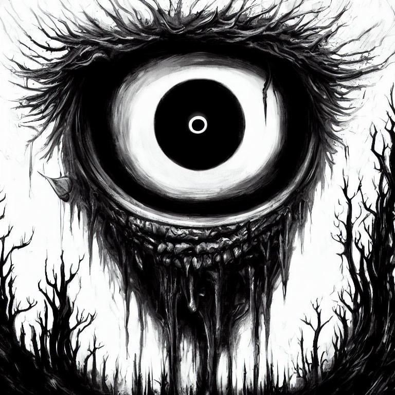 Monochrome Artwork: Giant Eye, Twisted Trees, Dark Atmosphere