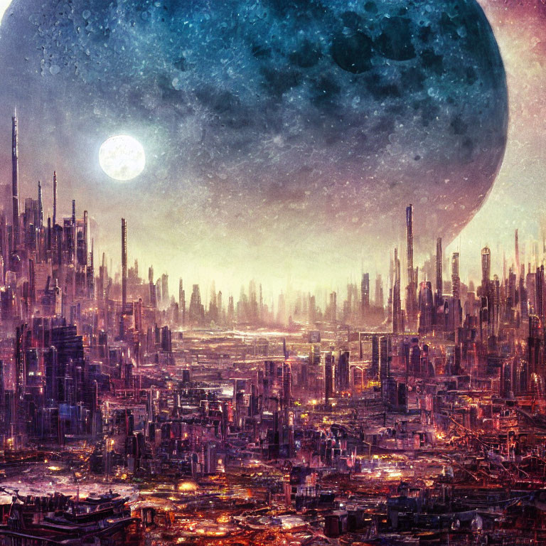 Futuristic cityscape with skyscrapers at sunset under moonlit sky