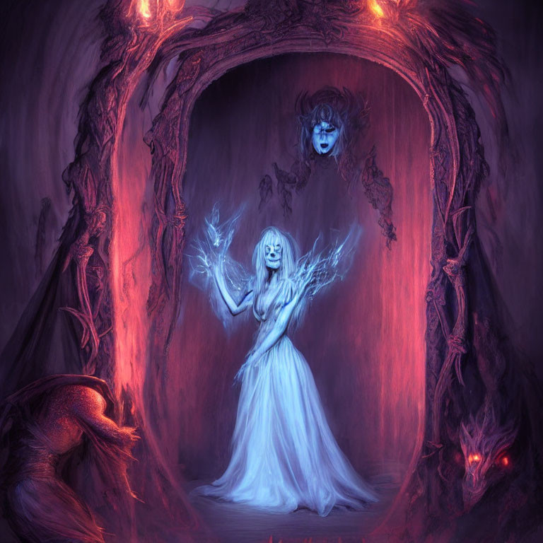 Spectral figure in white dress in eerie, purple-lit tunnel