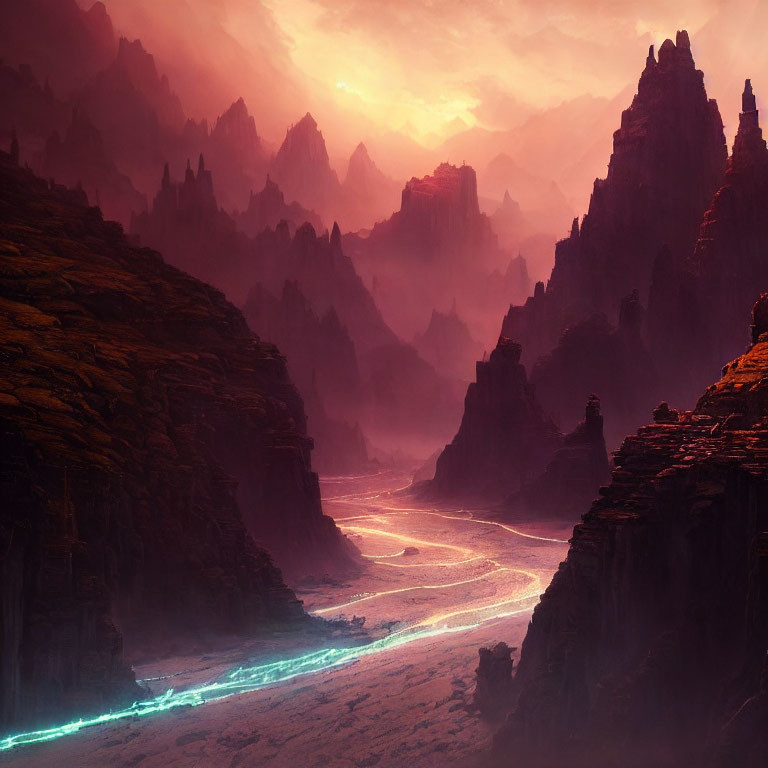 Majestic rock formations and glowing blue river in surreal landscape