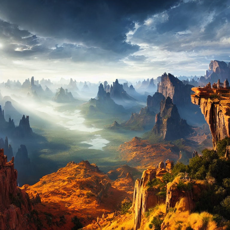 Majestic landscape with rock formations, valleys, and river under hazy sky.