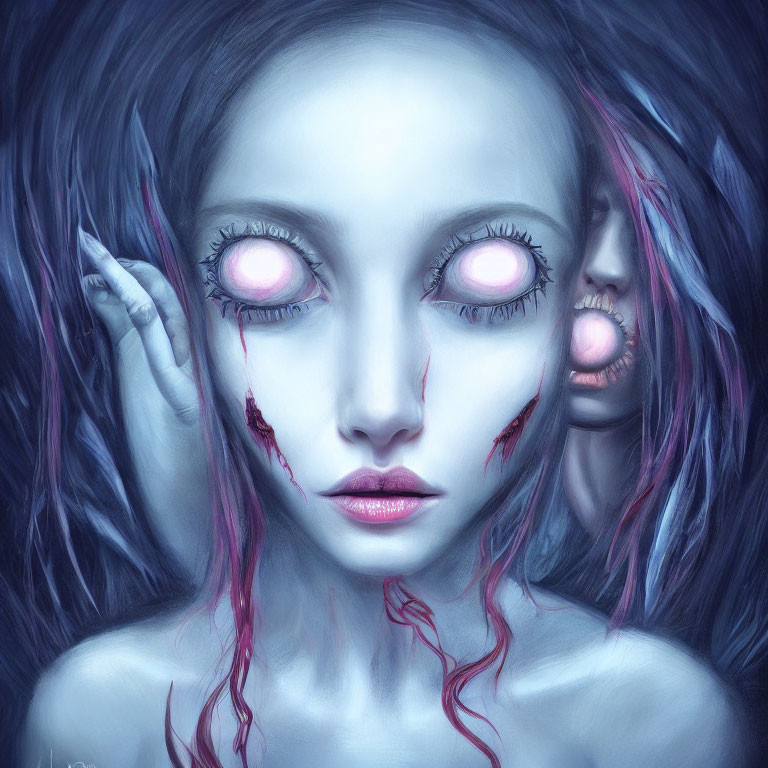 Surreal portrait of female figure with multiple eyes and haunting gazes