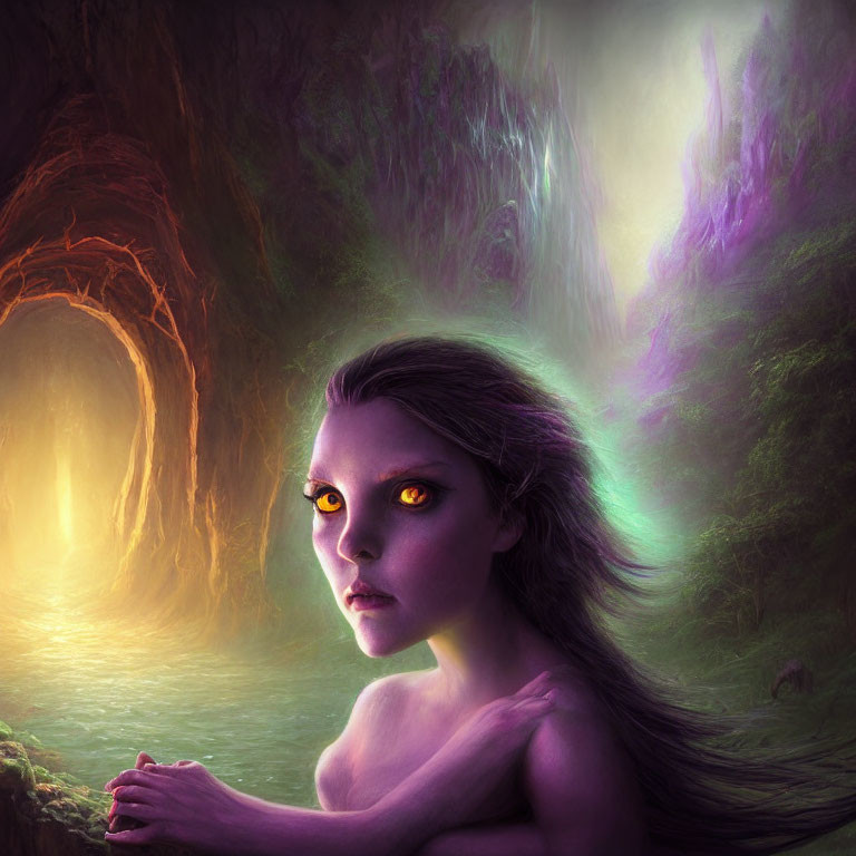 Fantasy illustration: Woman with glowing eyes in enchanted forest cave