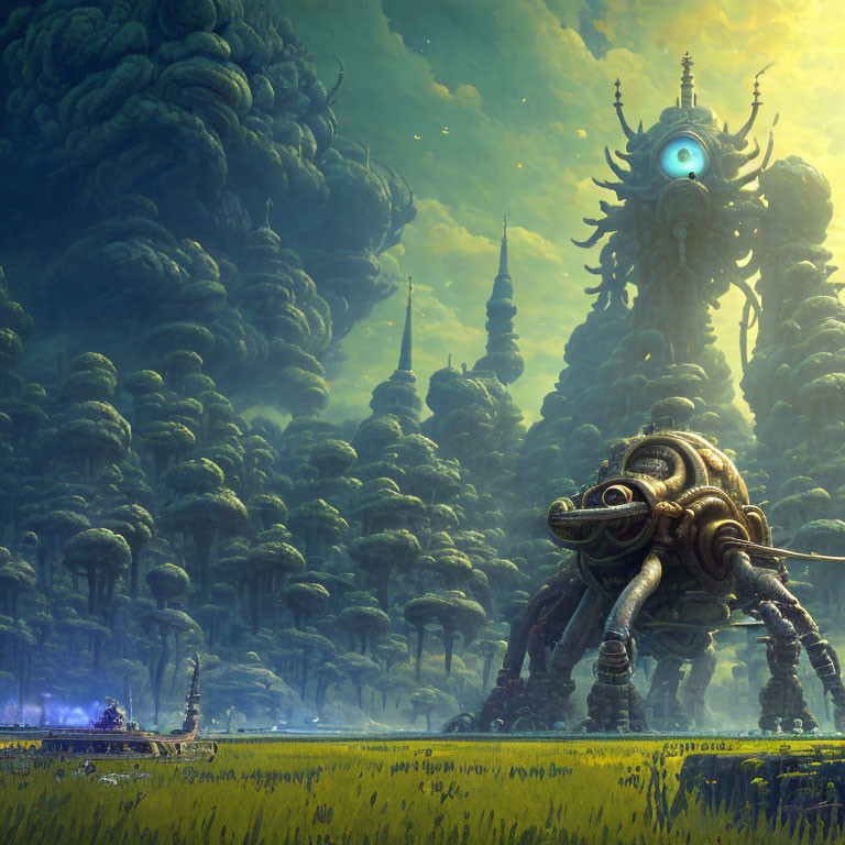 Mystical sci-fi landscape with giant robotic creature and towering tree-like structures