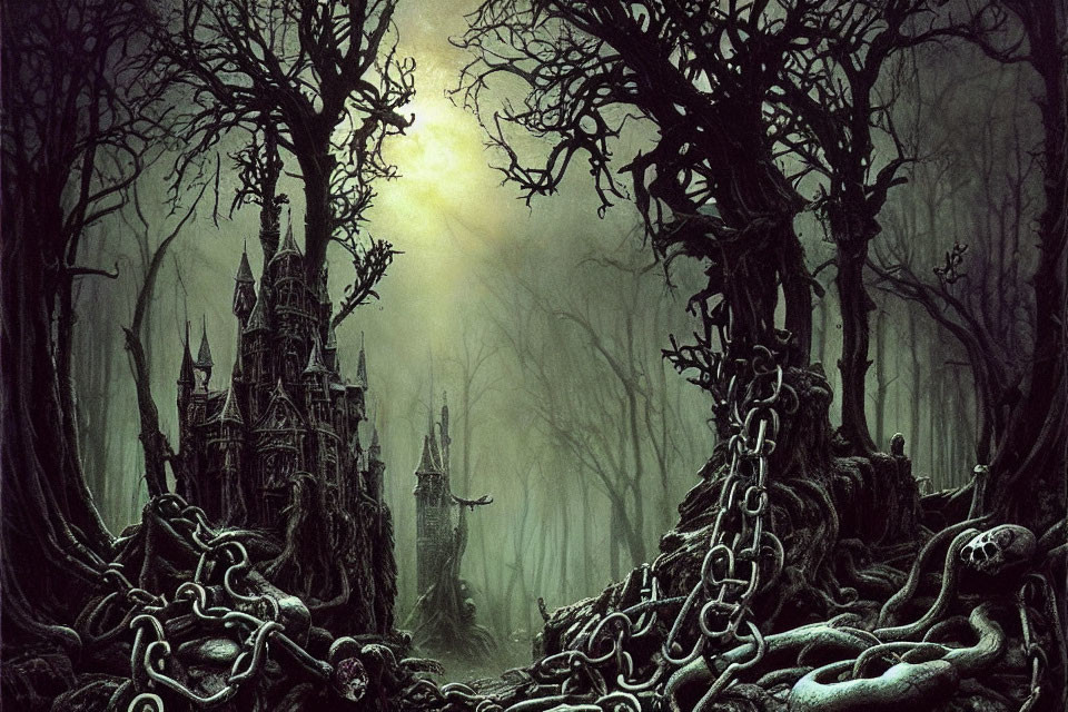 Twisted Gothic fantasy forest with eerie towers under misty sky