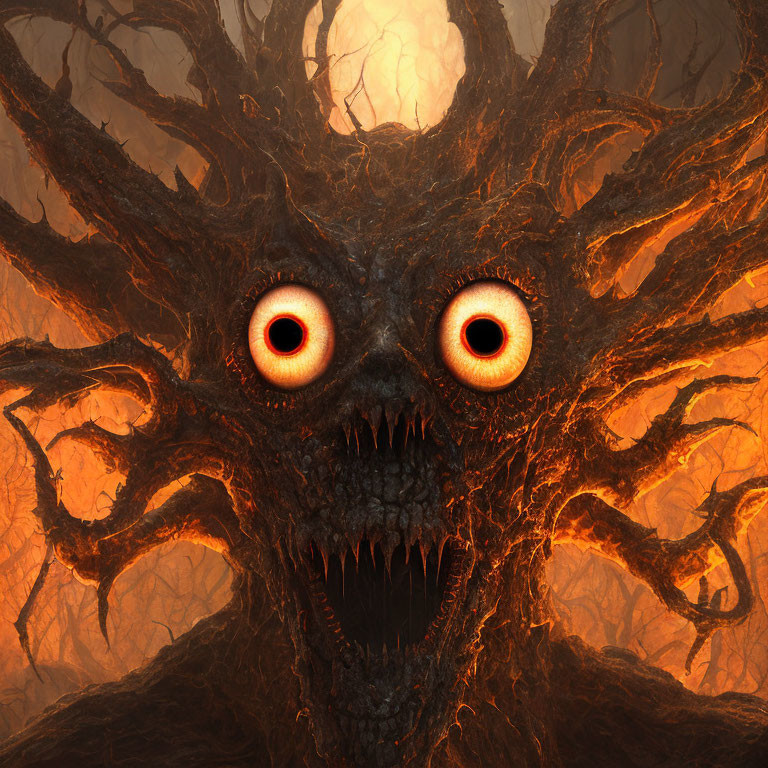 Fantastical creature with glowing eyes, root-like structure, and fanged mouth on fiery background