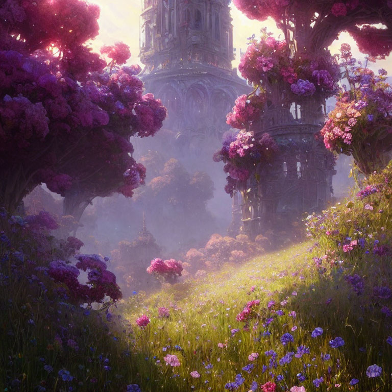 Mystical landscape with purple trees, green meadow, and gothic tower in sunlight