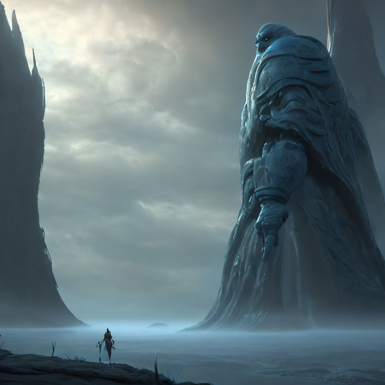 Traveler encounters massive stone figure in misty landscape