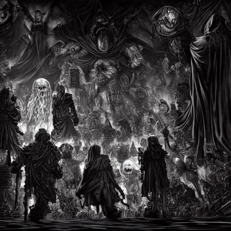 Monochrome fantasy artwork with robed figures and surreal creatures