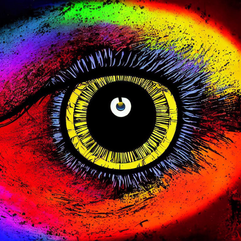 Colorful digital art: Close-up eye with vibrant multicolored patterns