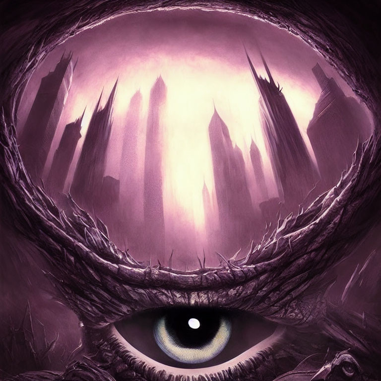 Surreal image of giant eye with purple spires in background