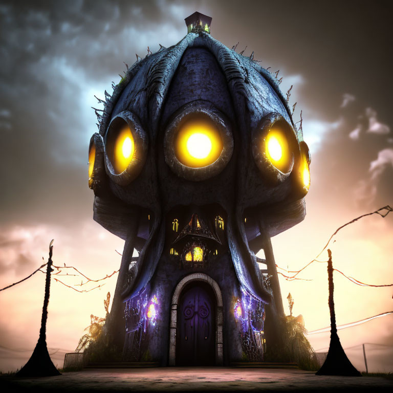 Eerie mansion with octopus-like features and glowing yellow windows