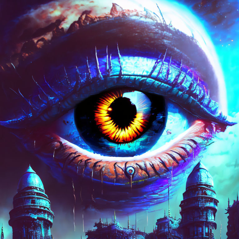 Detailed surreal eye illustration with orange iris on mystical blue background.