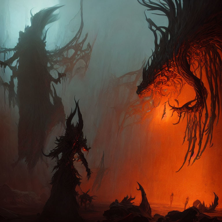 Gigantic ominous creatures in red-lit hellish landscape