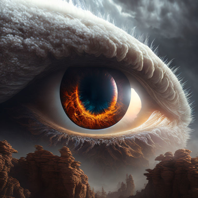 Gigantic fiery eye over rocky terrain under cloudy skies