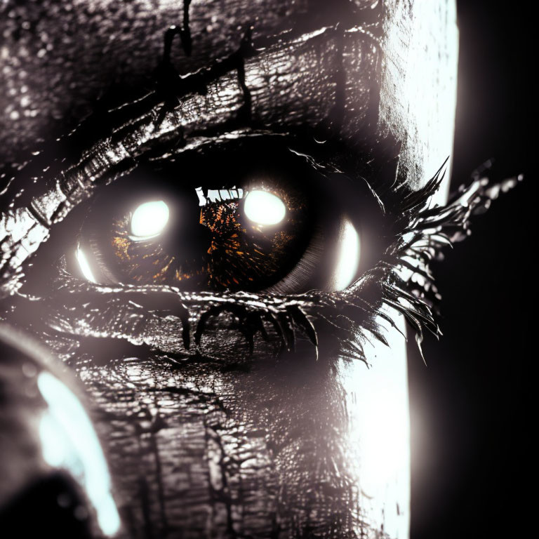 Detailed Close-Up of Textured Alien Creature's Eye with Dark Skin and Glowing Yellow Pupils