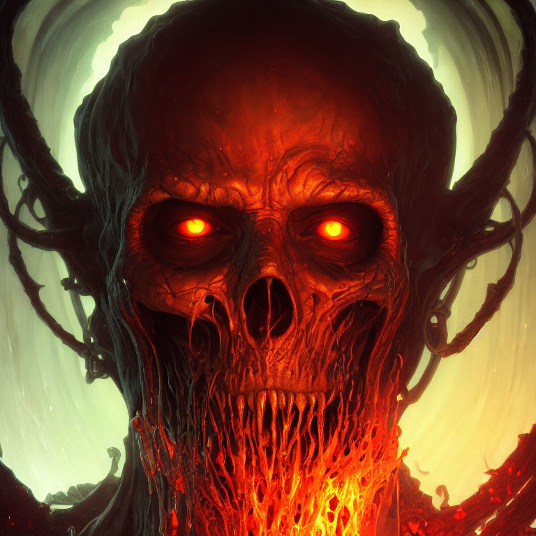 Detailed illustration of menacing skull with glowing red eyes in fiery and smoky surroundings.