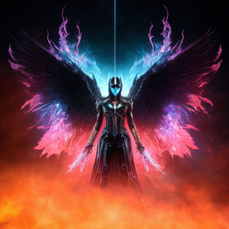 Fiery-winged cosmic entity in dark armor with blue light beam on red nebula.