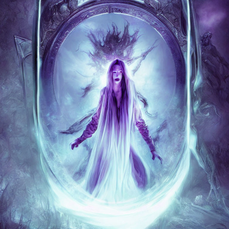 Glowing purple-eyed spectral figure in magical portal landscape