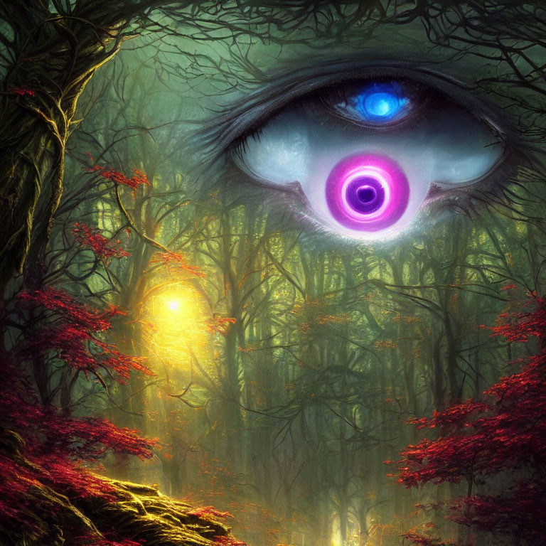 Surreal forest with red foliage and giant glowing eye with spiral pupil.