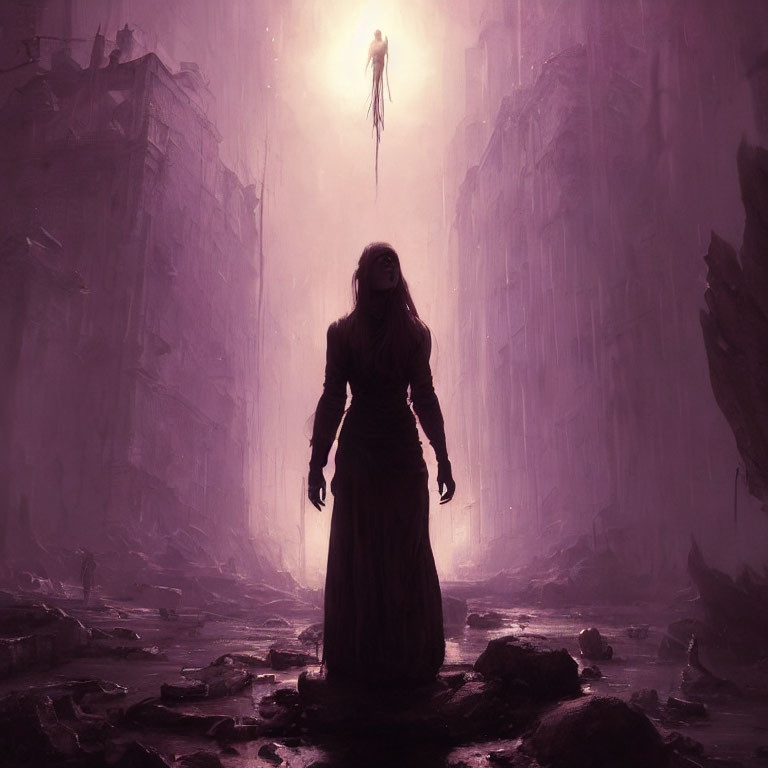 Figure in long dress gazes at levitating being in dystopian cityscape