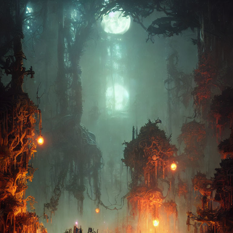 Mystical forest with fog, lanterns, overgrown trees, and moonlight