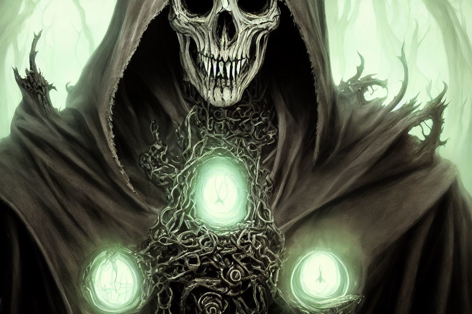 Hooded figure with skull face and glowing orbs in chest surrounded by green mist