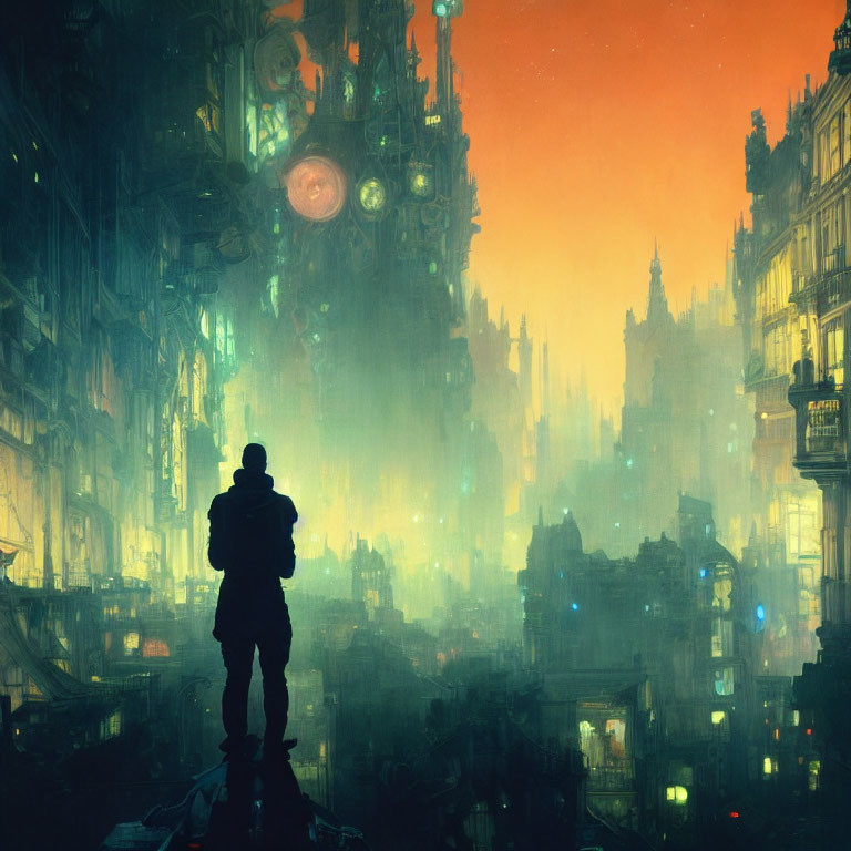 Solitary figure gazes at futuristic cityscape at dusk