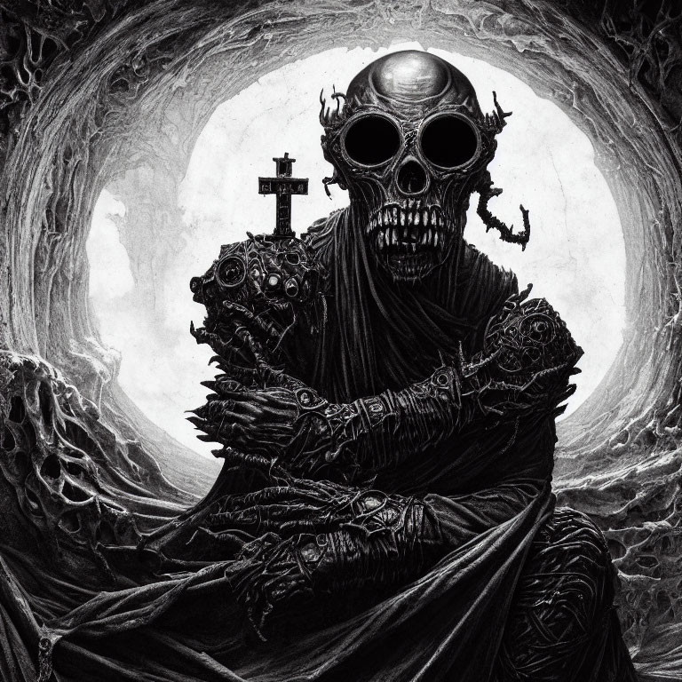 Monochrome skeletal figure with cross in robes, dark aura