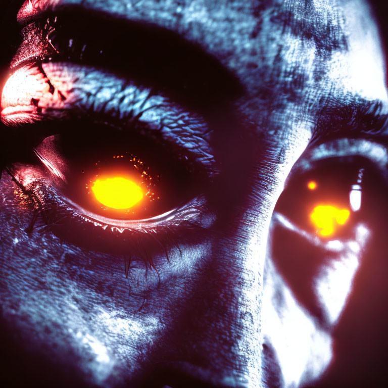 Eerie close-up of glowing orange pupils on blue-tinted skin.