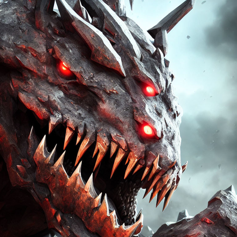 Detailed digital artwork of ferocious dragon head with glowing red eyes and sharp teeth on stormy sky backdrop