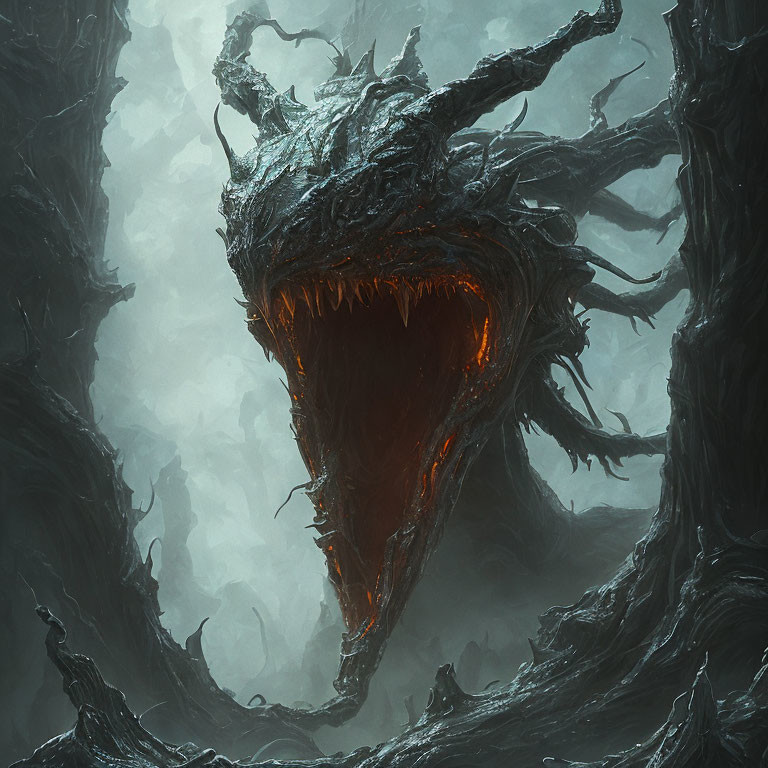 Menacing dragon roaring in dark forest with glowing orange features