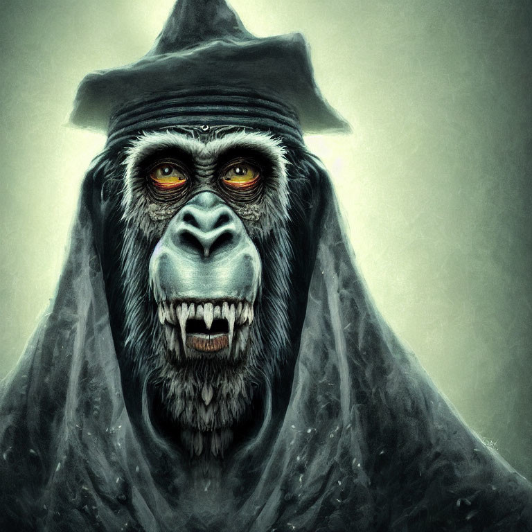 Mystical gorilla with yellow eyes in dark cloak and hat