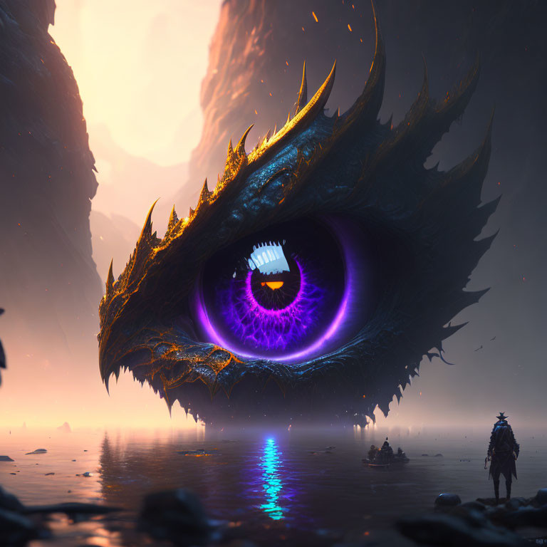 Gigantic dragon eye in misty landscape with tiny figure at sunset