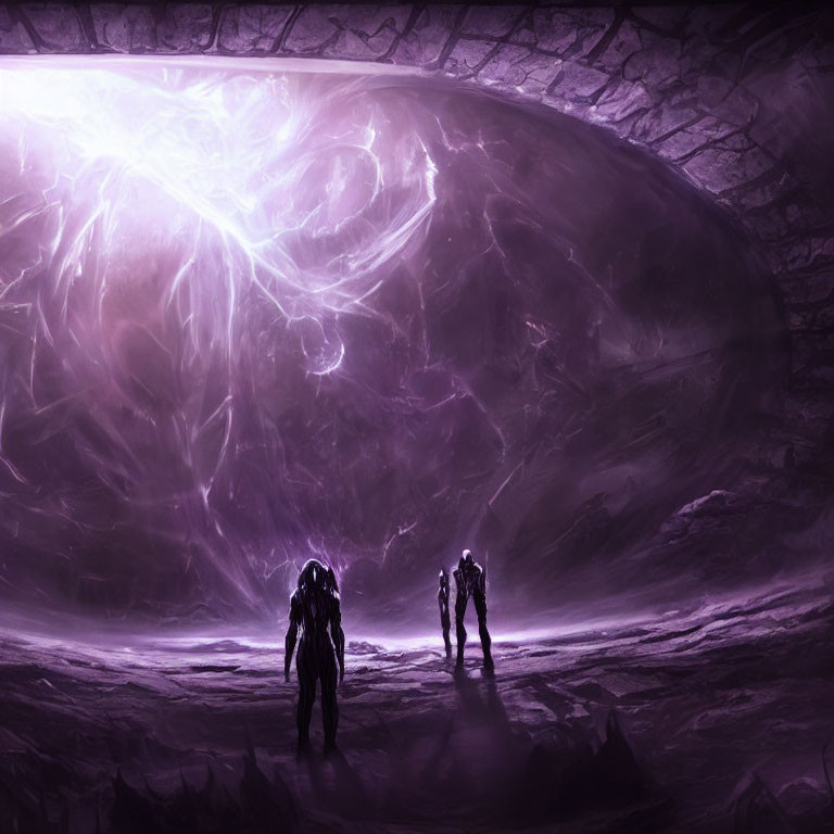 Three silhouetted figures on rocky alien terrain observing a luminescent energy form in a cavern